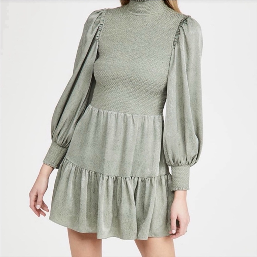 Alice + Olivia Elvira Smocked Mock Neck Sage Green Mini Dress | Size 10